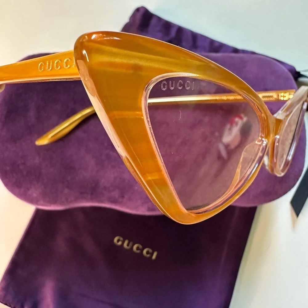 Gucci Cat Eye Sunglasses Yellow Acetate Frame Pink Lens‎ GG Logo with Case